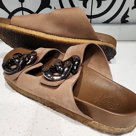 TORY BURCH Brown Adrien 2 Band Flat Chain Slides,Suede & Calf Leather 7M Ex Con - Picture 9 of 12